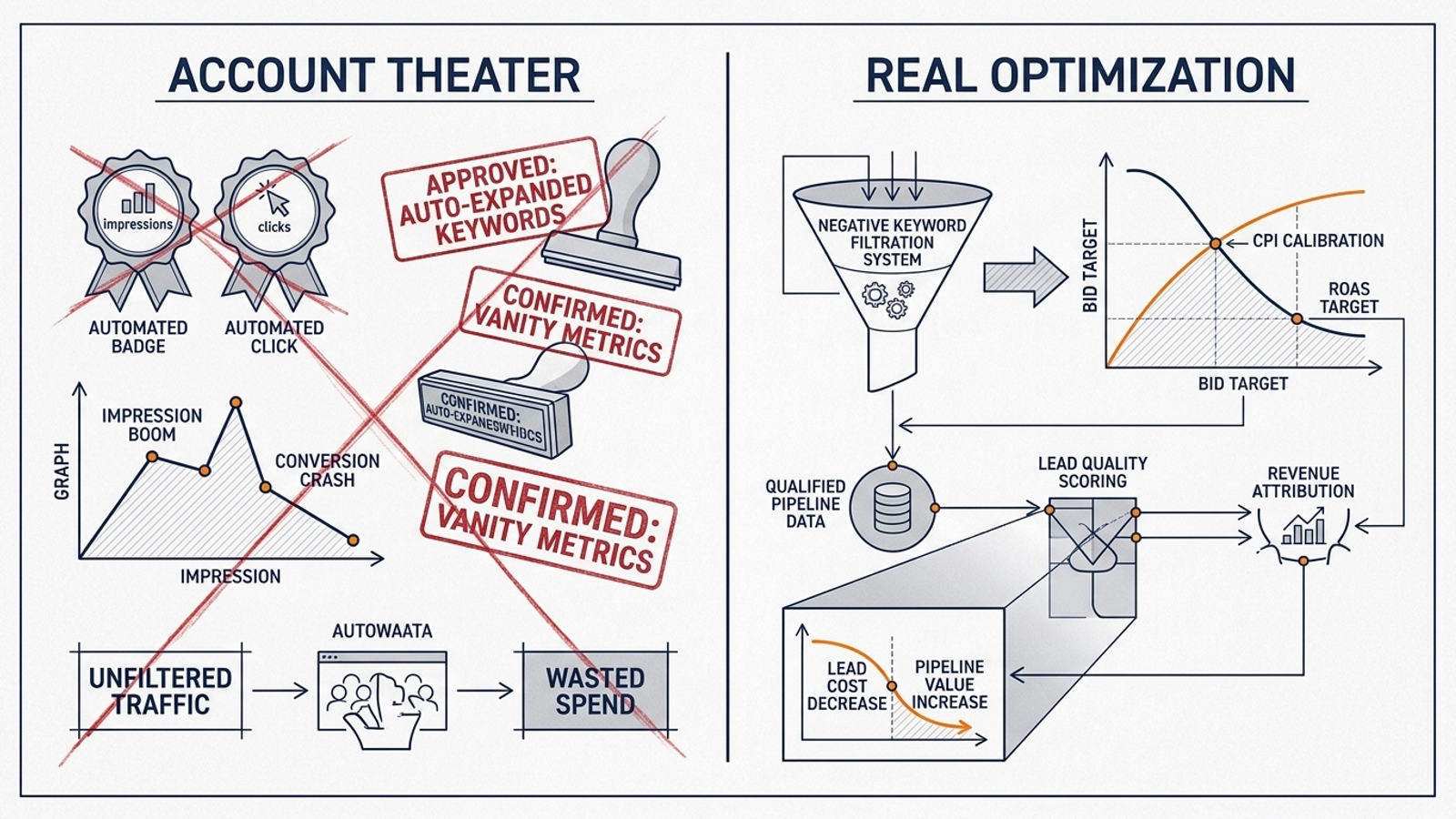Diagram contrasting substantive Google Ads interventions with cosmetic and automated log entries.